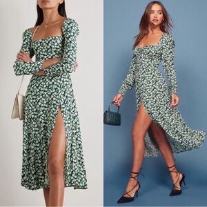 LIKE NEW REFORMATION Green White Belvedere Wallflower Long Sleeve Midi Dress